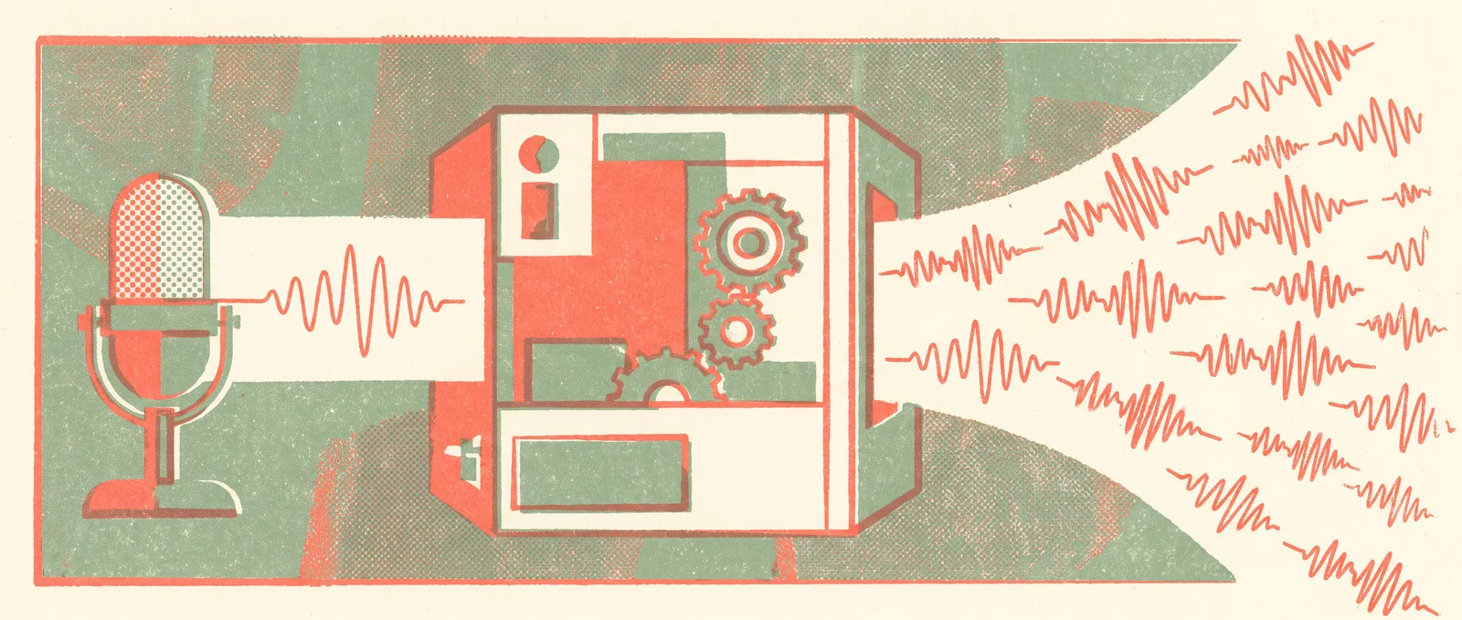 A microphone feeding one sound wave into a duplicating machine that emits a fan of identical copies