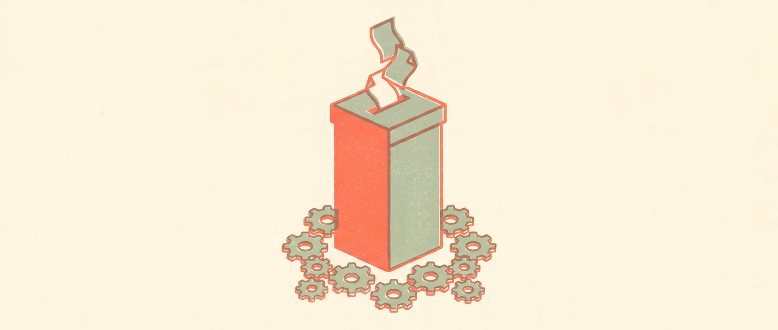 A tall ballot box taking folded paper slips, small interlocking gears arranged around its base