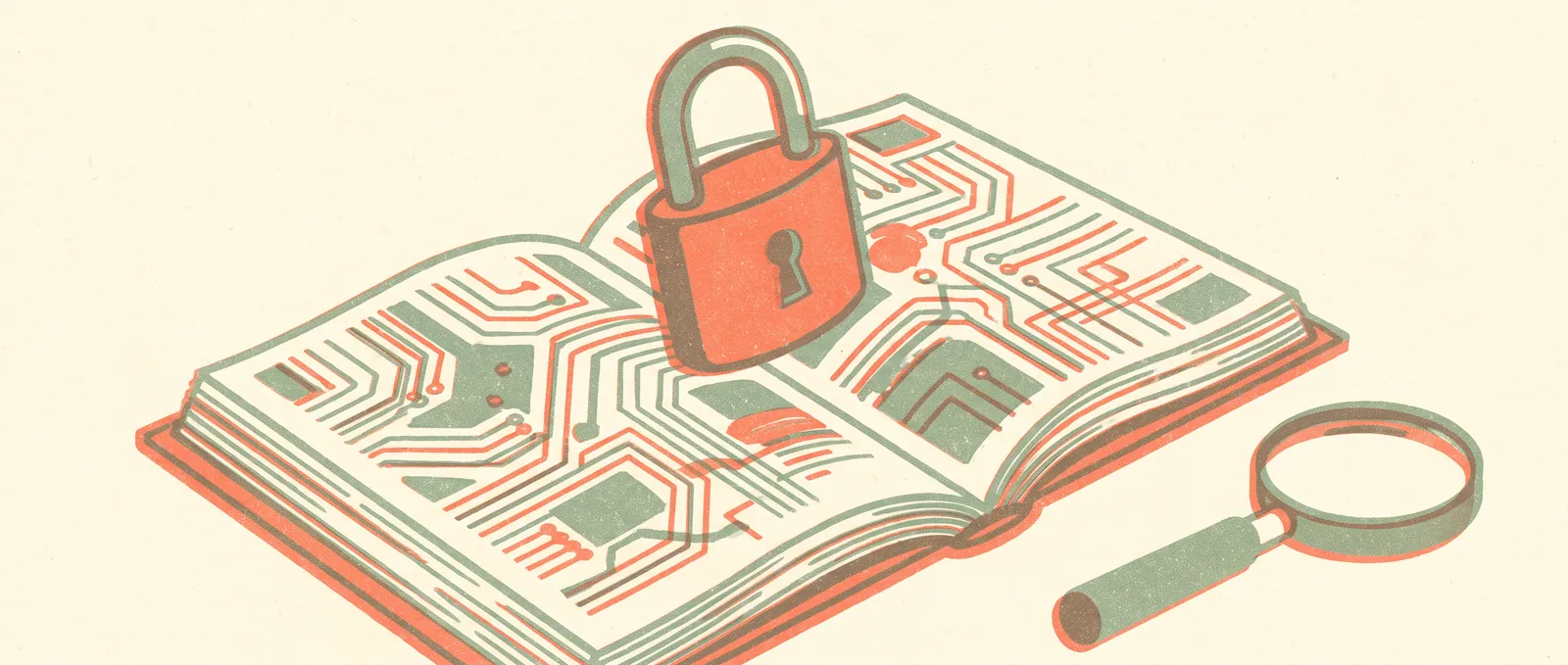 A heavy padlock hovering above an open book whose pages show circuit board traces, a magnifying glass resting on them