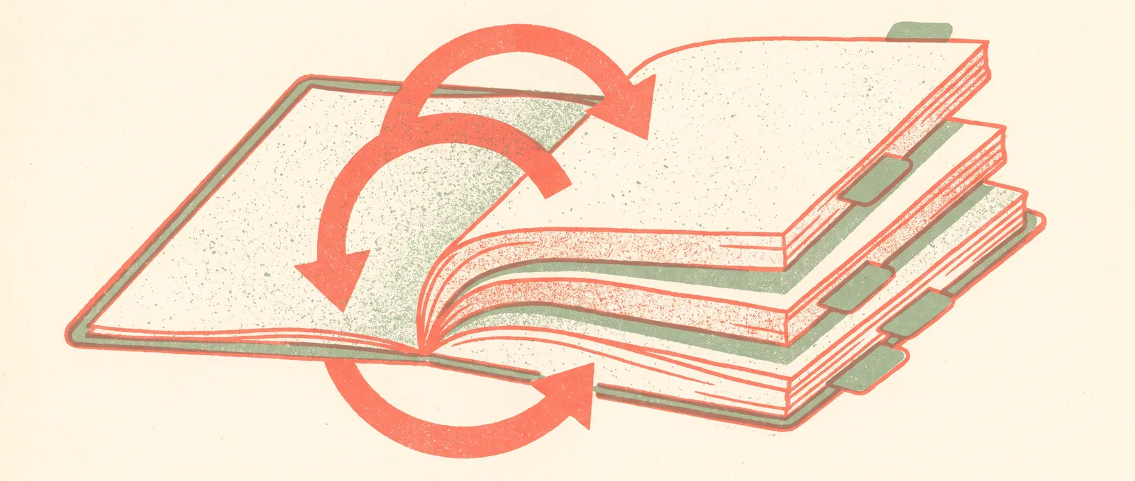 An open notebook of three stacked page layers with curved arrows looping from the lowest layer back to the top
