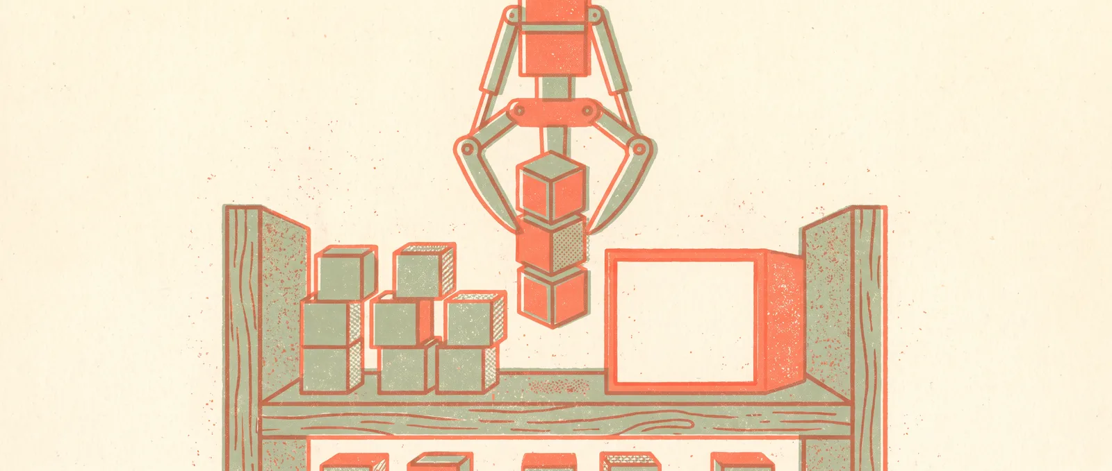 A mechanical claw lifting a stack of cubes off a shelf, leaving an empty gap between the neighbouring stacks