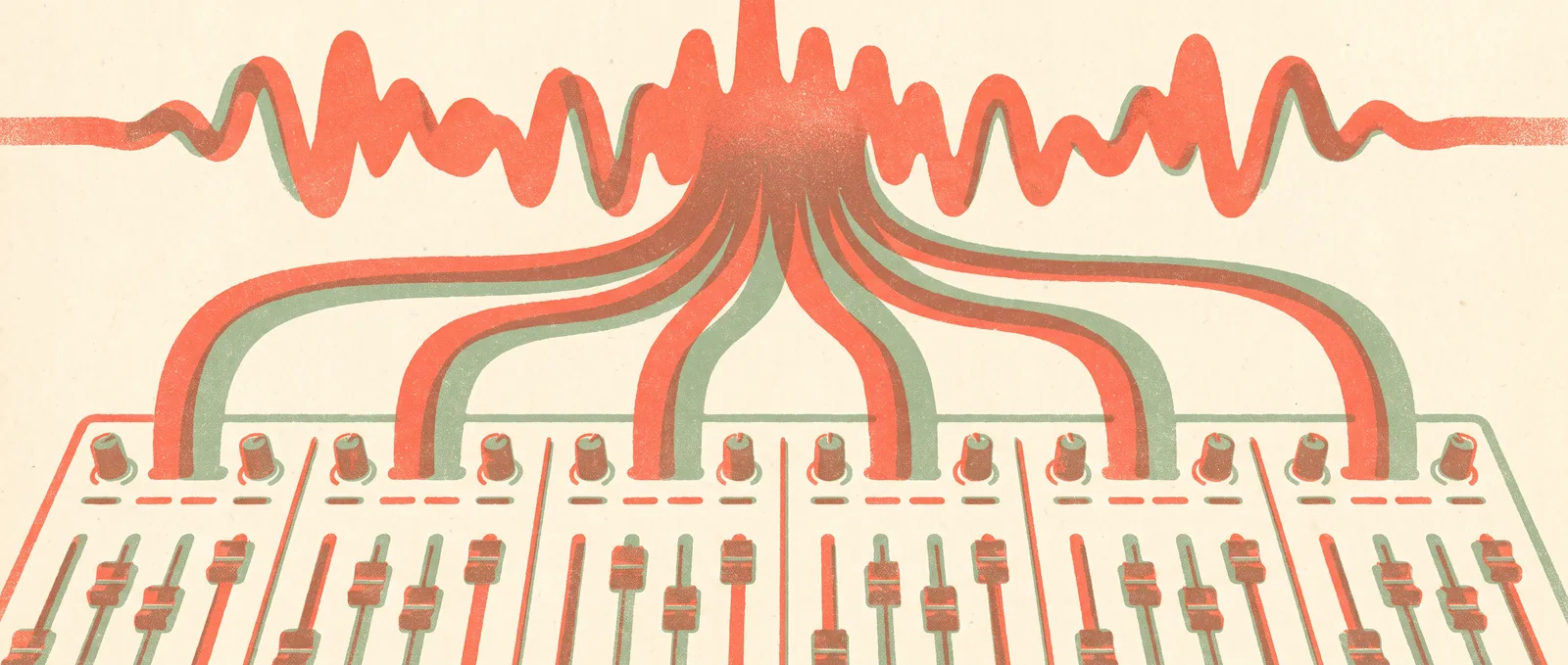 A single thick sound wave splitting into six ribbons, each threading down into its own channel of a mixing desk
