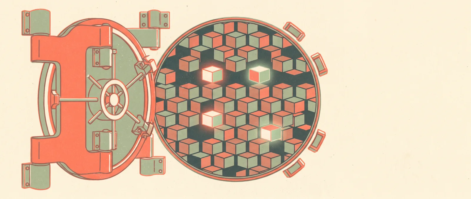 A vault door swung open onto a deep grid of modular cubes, only a scattered few of them lit