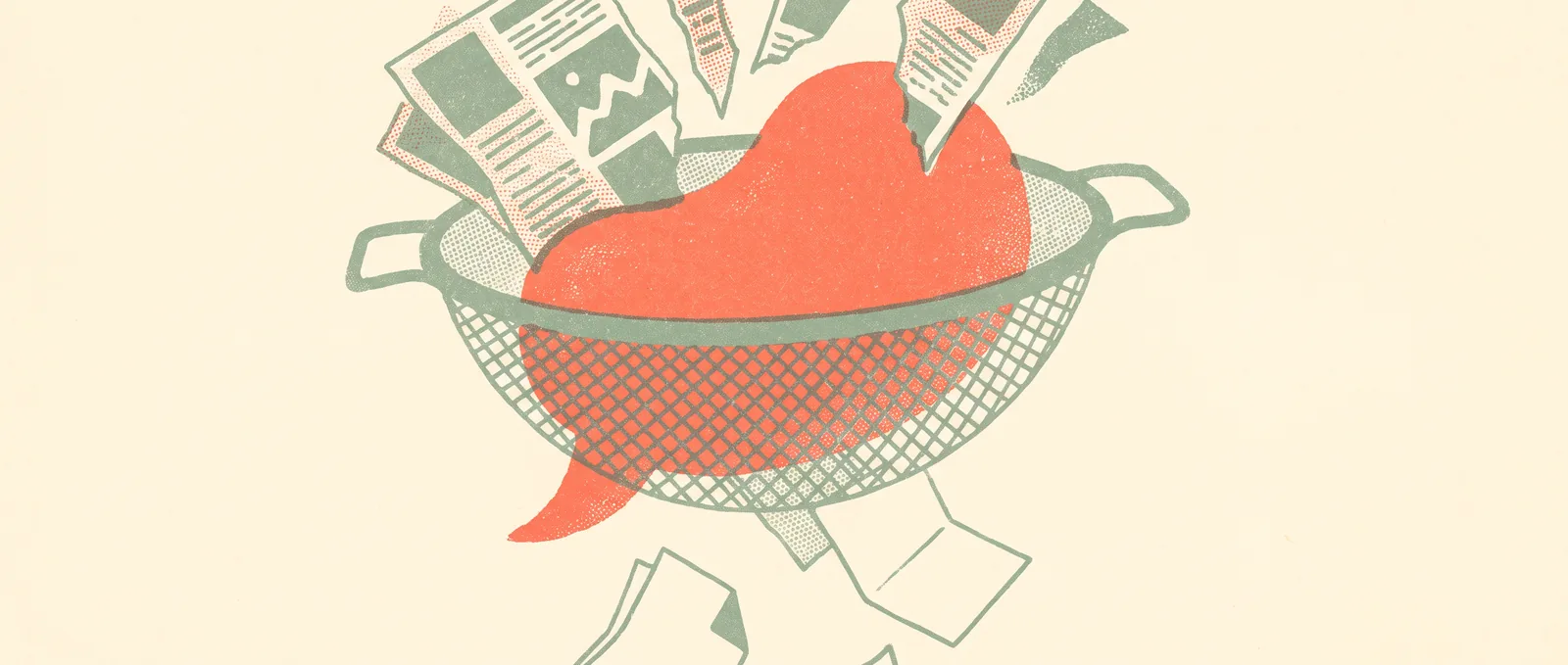 A large speech bubble sitting in a kitchen sieve, torn newspaper scraps caught on the rim above while clean sheets of paper fall through underneath