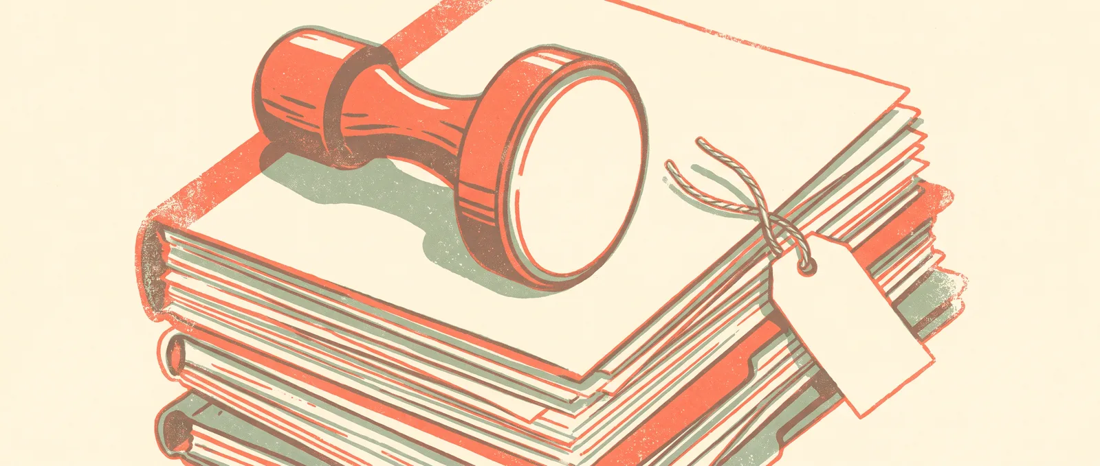 A rubber stamp resting on a thick stack of documents with a blank paper tag tied to the corner