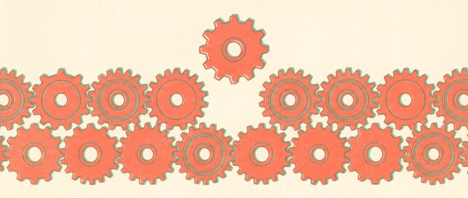 A dense field of interlocking gears with one gear lifted clear of the chain, hovering above the gap it left