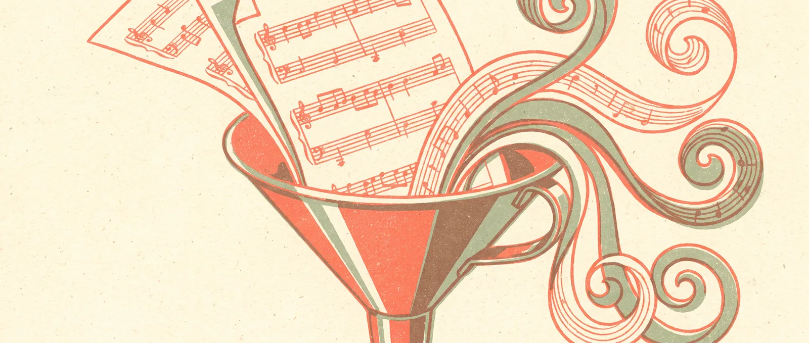 Sheets of printed music being drawn into a funnel, the staves unravelling into loose curling ribbons on the way out