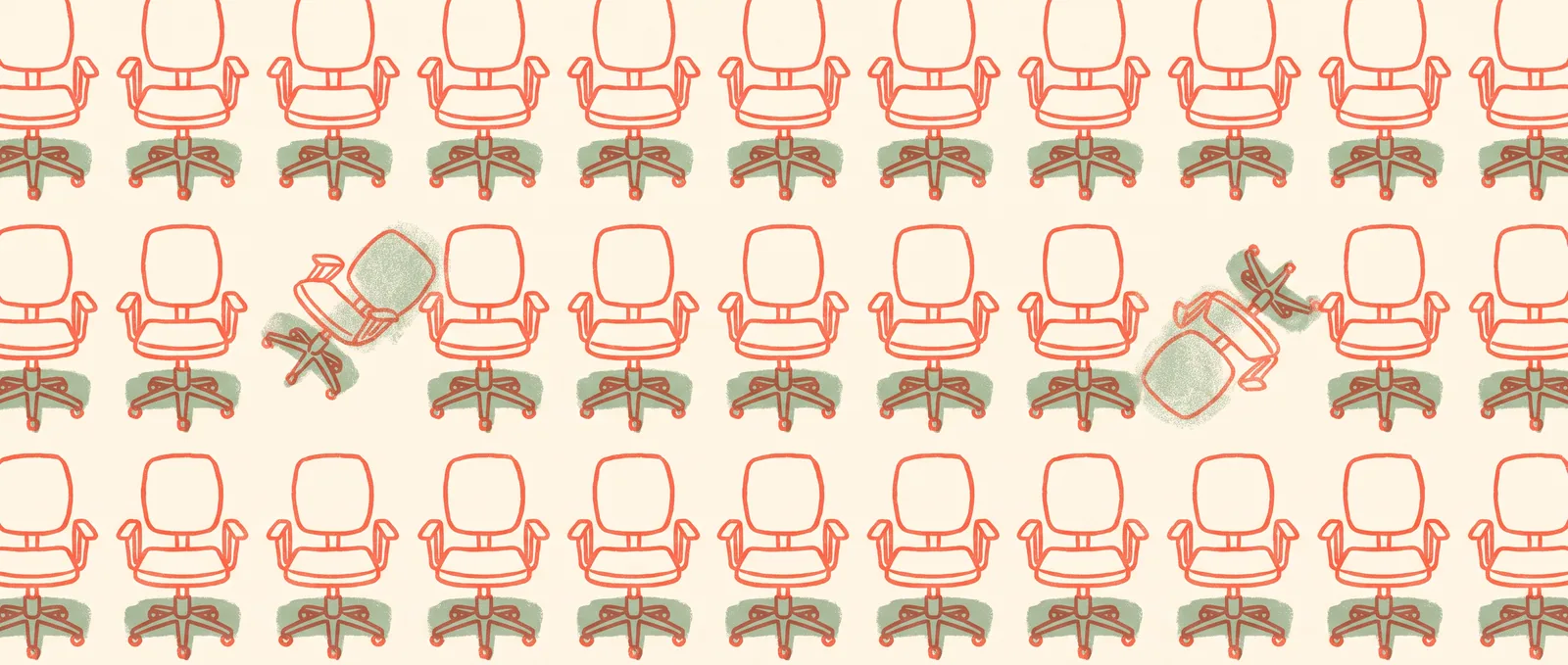A wide grid of identical office chairs seen from above with only two of them tipped over