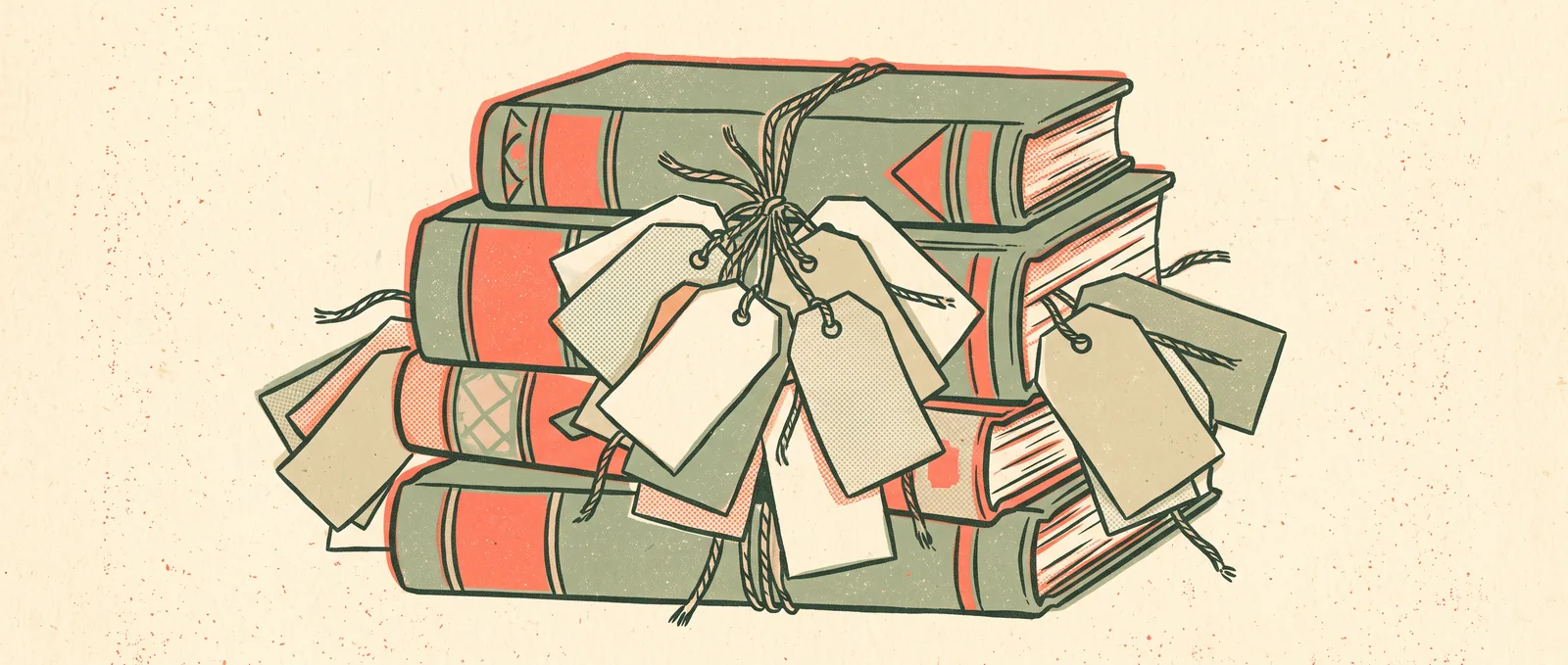 Una pila de libros de tapa dura con muchas etiquetas de papel en blanco atadas con una cuerda al mismo volumen