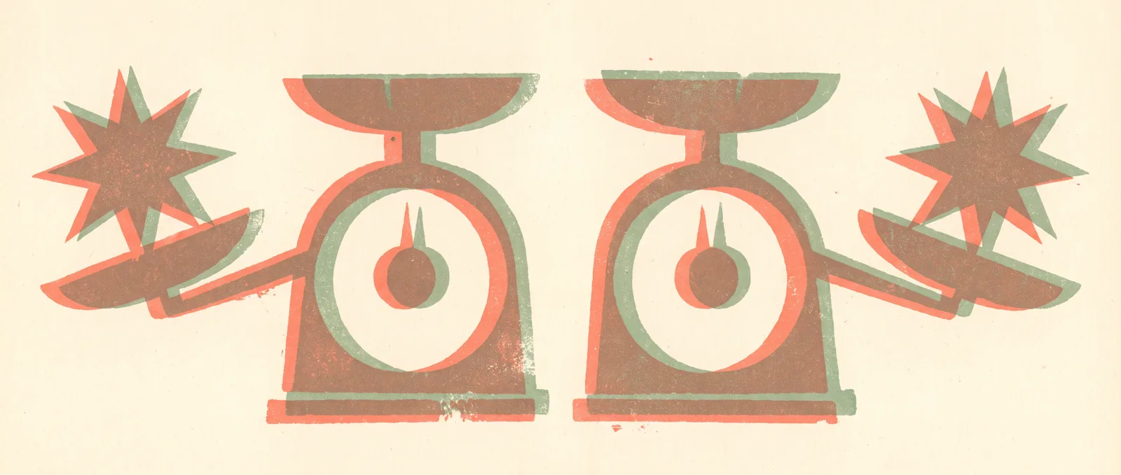 Two identical balance scales weighing the same eight pointed star and tipping in opposite directions