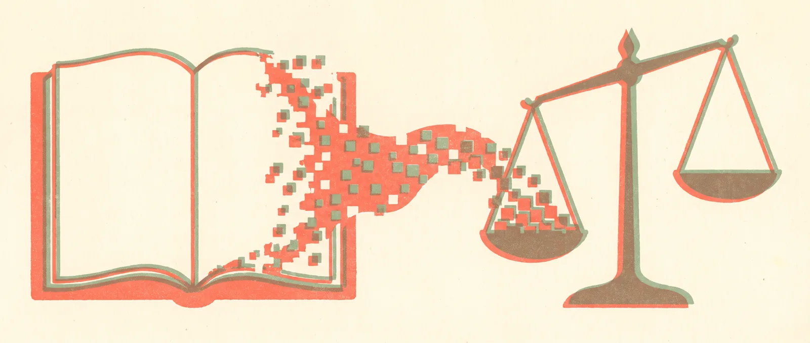 An open book with blank pages dissolving into a stream of small squares that pours into one pan of a tipping balance scale