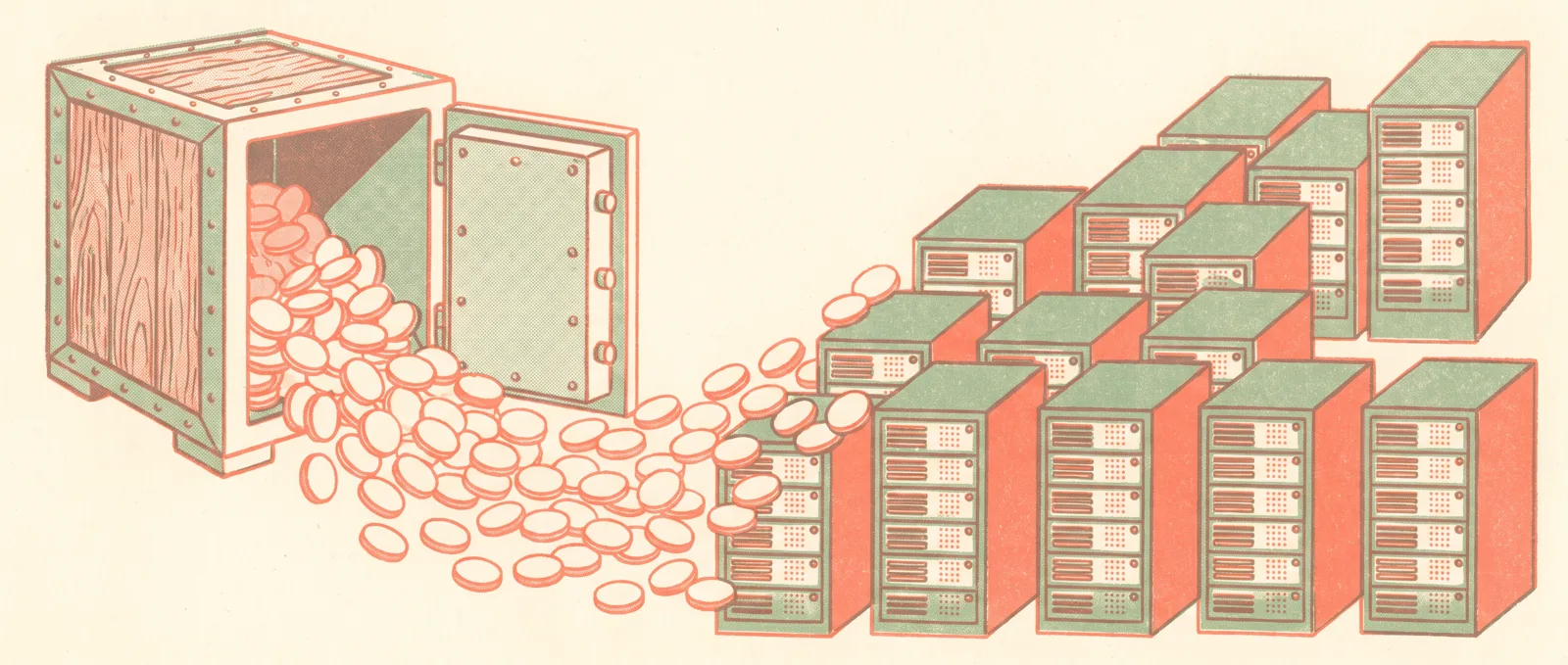 An open strongbox spilling a wide river of plain coins that flows into rank upon rank of stacked server cabinets
