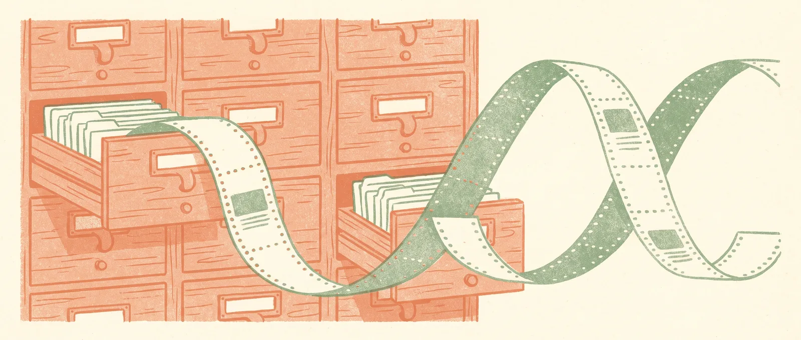 A wall of library card catalogue drawers, two of them pulled open and unspooling into a twisting double helix ribbon