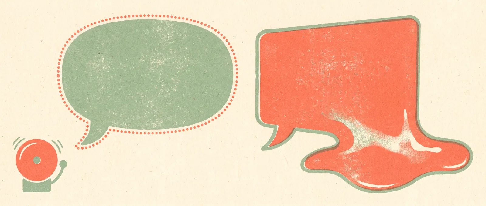 Two speech bubbles facing each other, the firm one on the right melting into a puddle, a small alarm bell silent in the corner