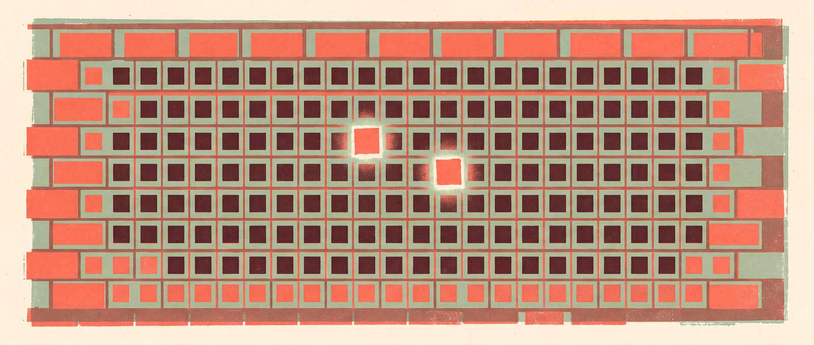 Eine riesige Backsteinmauer aus kleinen quadratischen Öffnungen, die in ordentlichen Reihen verschlossen waren, von denen zwei in der Nähe der Mitte noch offen glühten