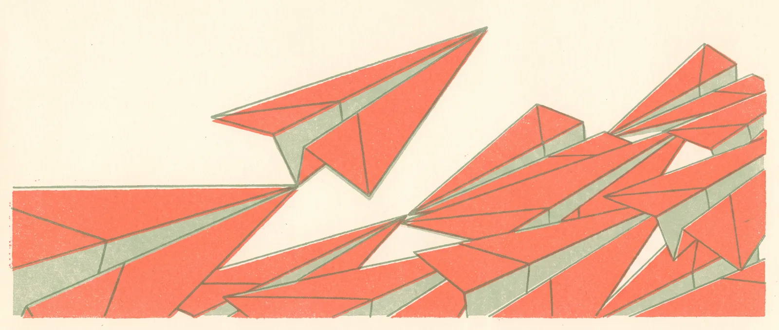 Eine Formation aus Papierflugzeugen, wobei sich das führende Flugzeug nach oben neigt, um abzubremsen