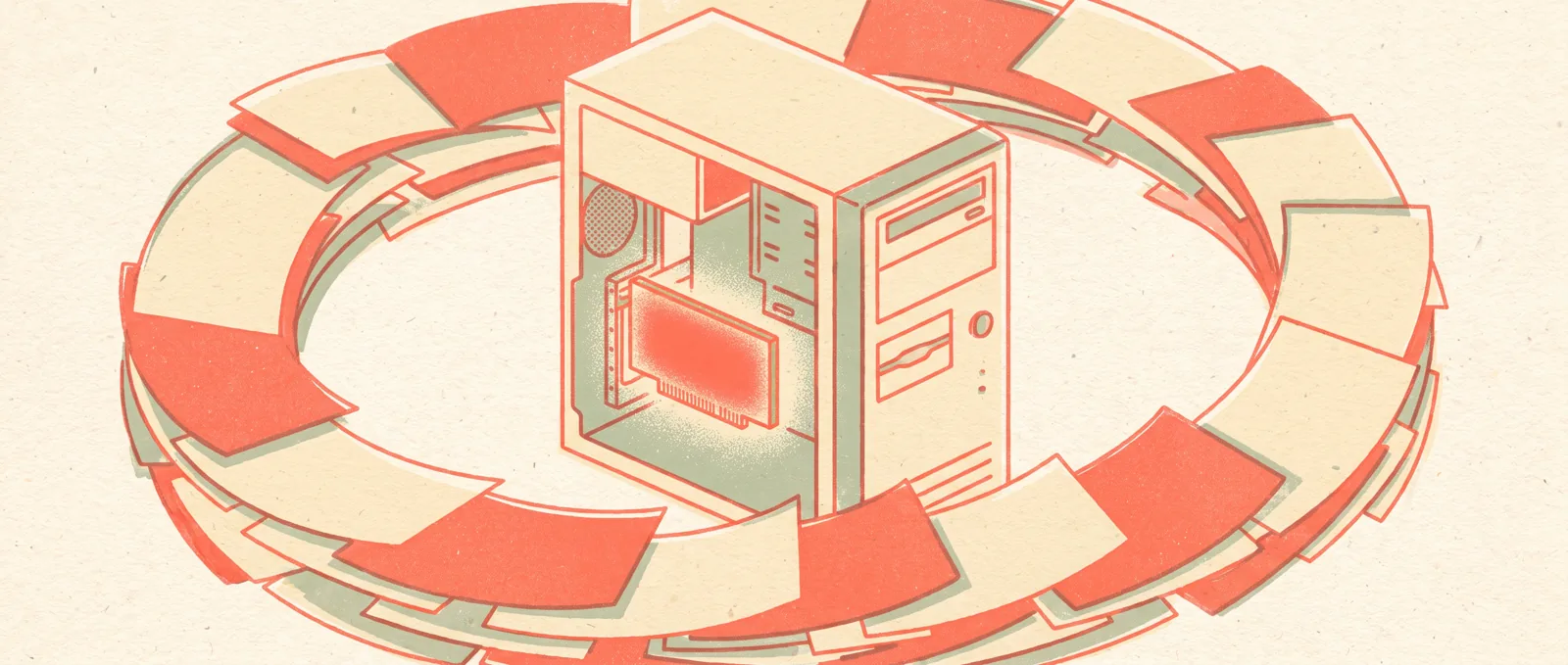 Ein Desktop-Turm mit einer leuchtenden Erweiterungskarte, um die sich Blätter Papier drehen