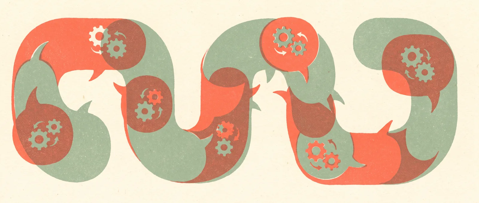 Overlapping speech bubbles merging into a continuous ribbon with cogwheels turning inside