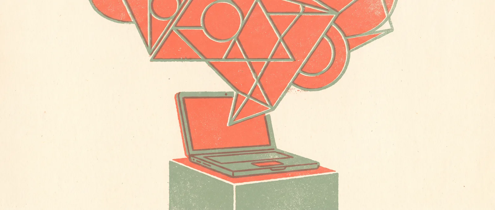 Ein offener Laptop auf einem Museumssockel, aus dessen Bildschirm eine leuchtende geometrische Form herausragt