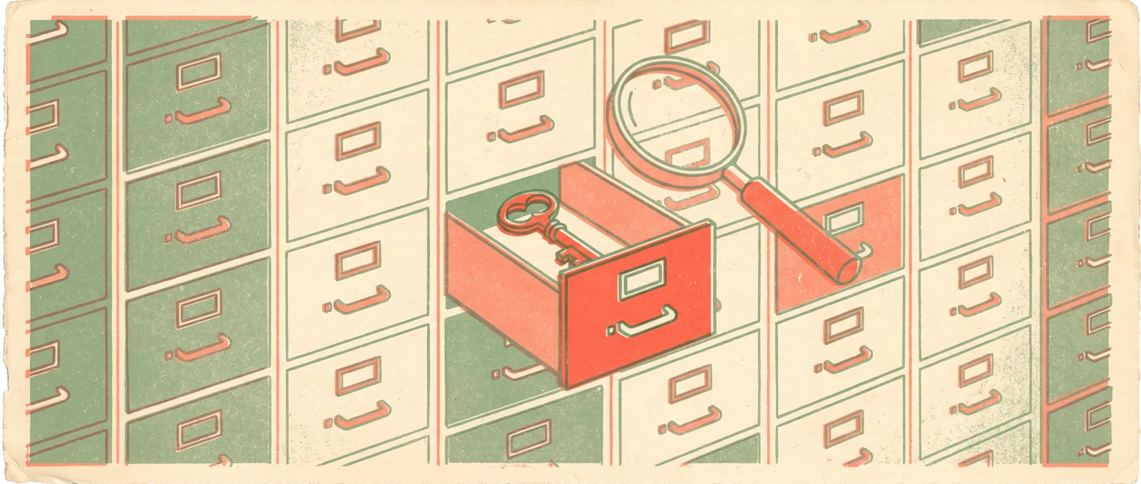 A vast wall of filing cabinets with one drawer open, an old key inside and a magnifying glass angled at it