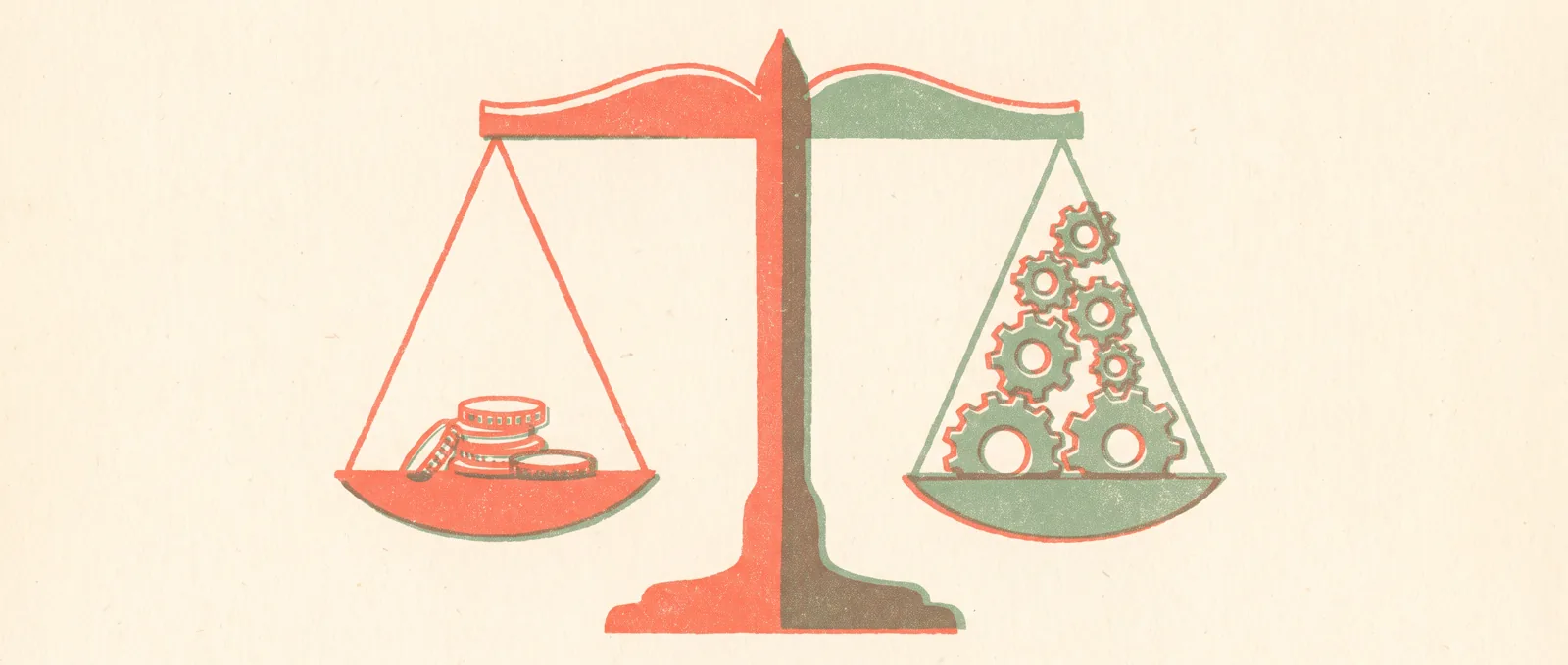 A balance scale held level, a small stack of coins on one pan and a tower of gears on the other