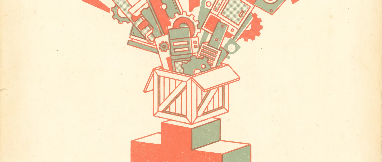 An open shipping crate on a winner's podium, layered panels spilling out of it