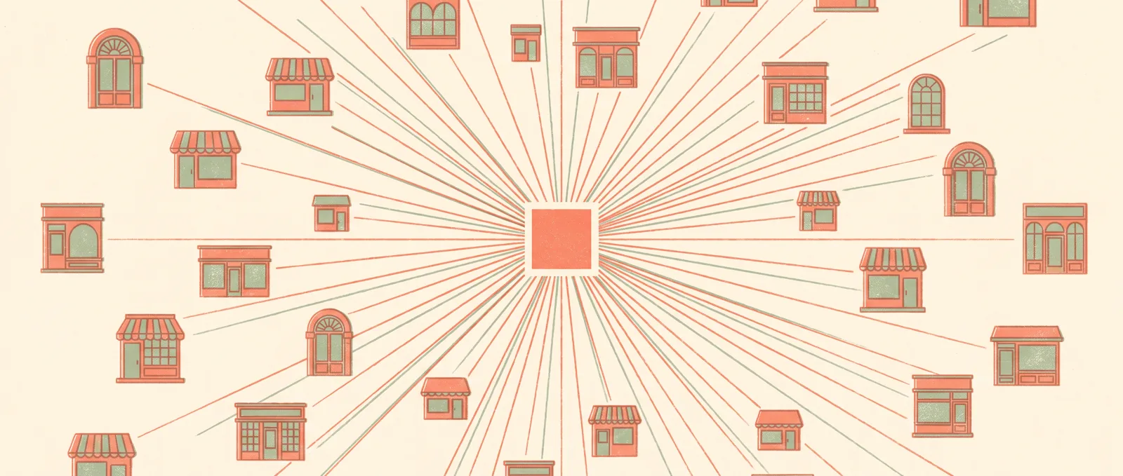 A single small square with fine threads radiating out to many distant storefront windows