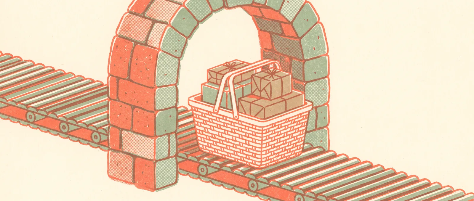 A shopping basket of parcels riding a conveyor belt through a stone archway