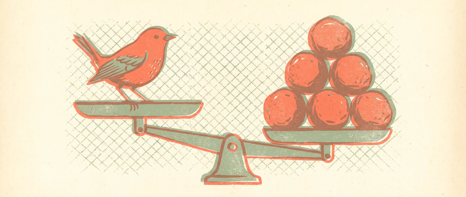Illustrazione in stile risograph di un piccolo uccello canoro che su un piatto della bilancia pesa più di sei pesanti sfere di pietra sull’altro