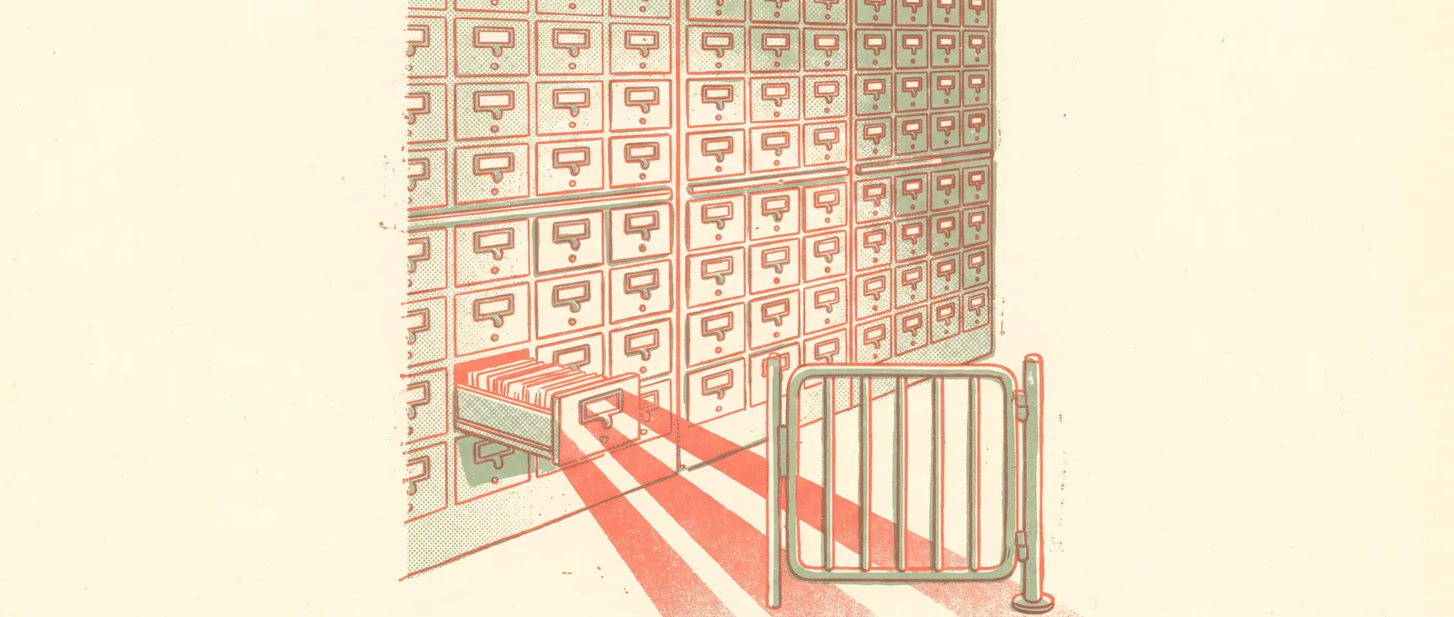 Illustration en risographie d’un immense mur de tiroirs de fichier, dont un seul est ouvert, avec un tourniquet fermé devant lui