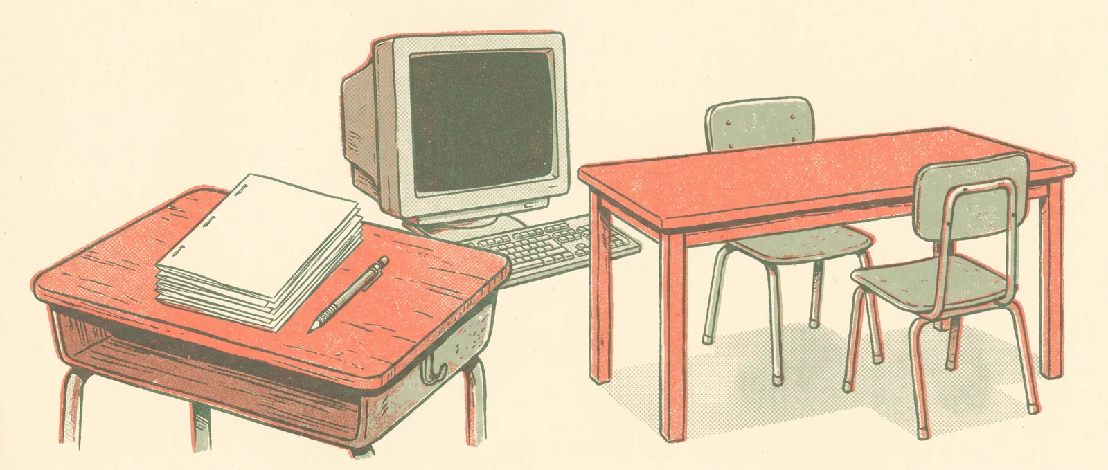 Illustrazione in stile risograph di un banco di scuola in legno con fascicoli d’esame vuoti e una matita accanto a un terminale spento, con due sedie vuote una di fronte all’altra
