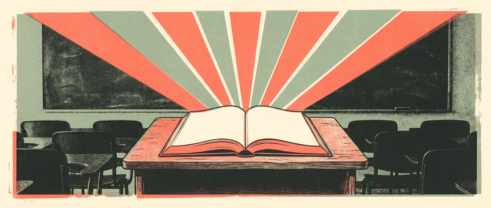 Illustrazione risografica di un libro di testo aperto e vuoto su un banco scolastico, con raggi geometrici di luce che si aprono dalle pagine