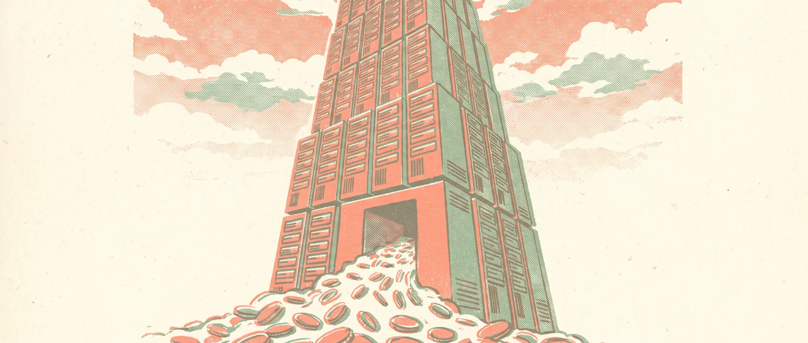 Illustrazione in risografia di un grattacielo di rack server con flussi di monete che entrano nella base