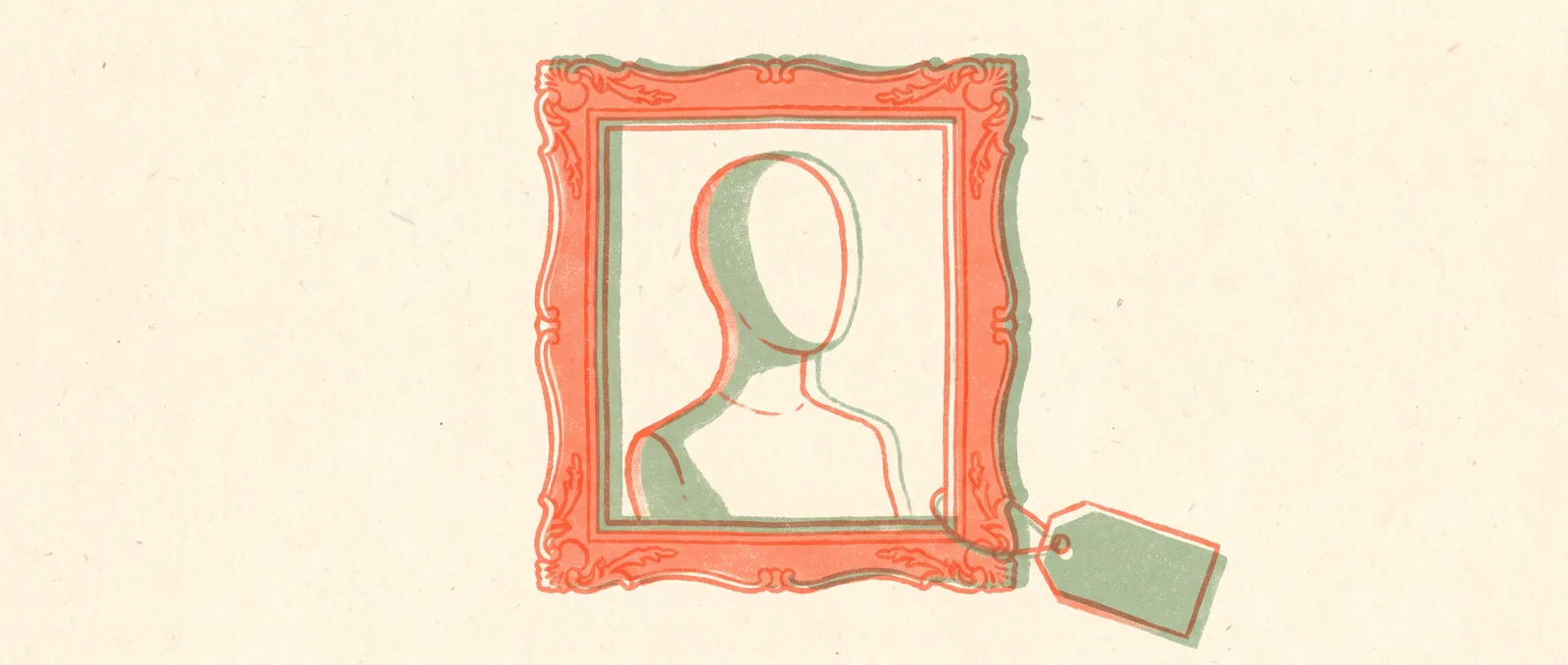 Illustrazione in risografia di un busto di manichino senza volto in una cornice, con una piccola etichetta di carta sull’angolo