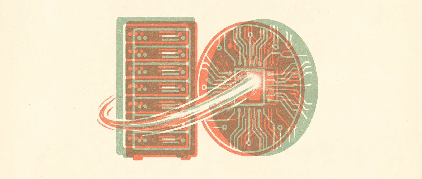 Illustrazione in risografia di un alto rack server e di un wafer di silicio rotondo uniti da una striscia di luce e impegnati nello stesso compito