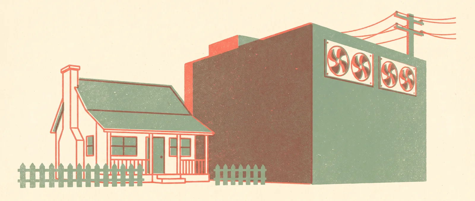 Illustrazione in risografia di una piccola casa di periferia accanto a un imponente data center senza finestre, con ventole di raffreddamento e linee elettriche