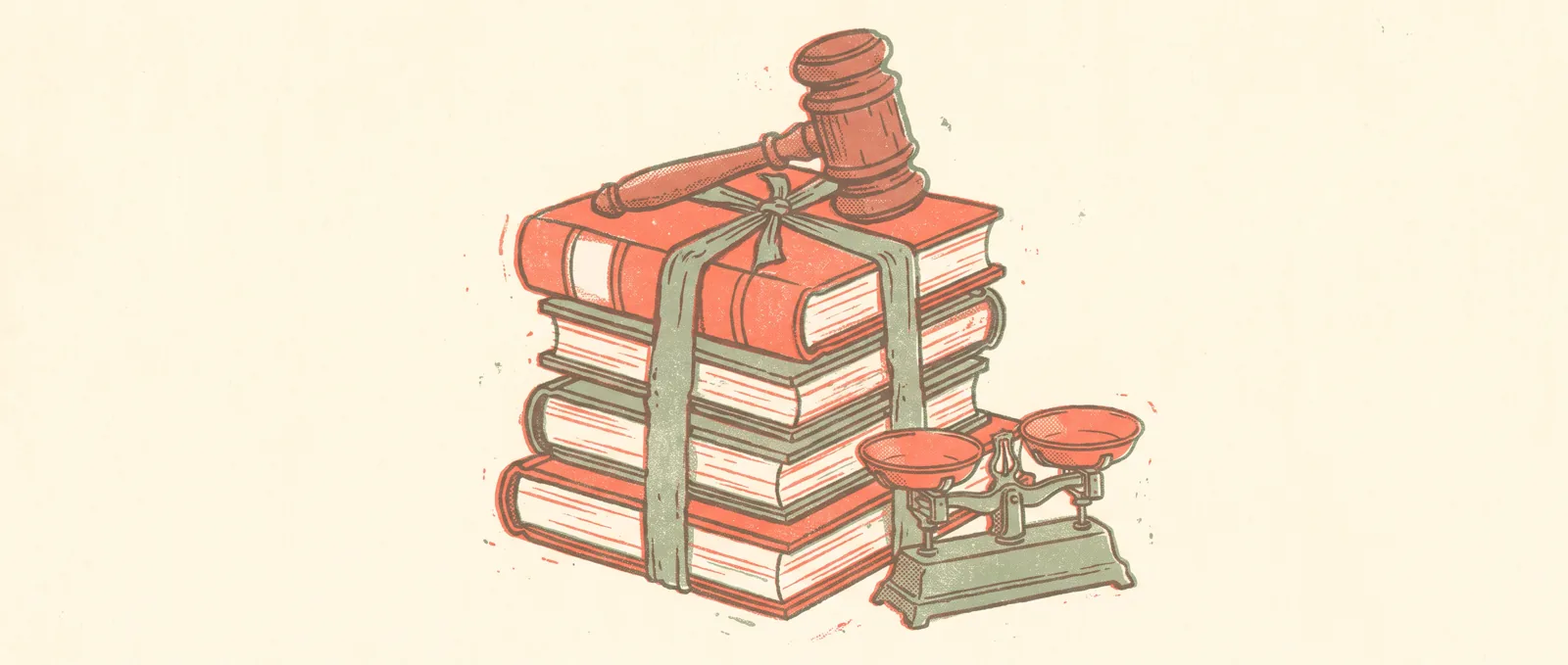 Illustrazione in risografia di una pila di libri legati con un nastro giuridico, con un martelletto sopra e una piccola bilancia accanto