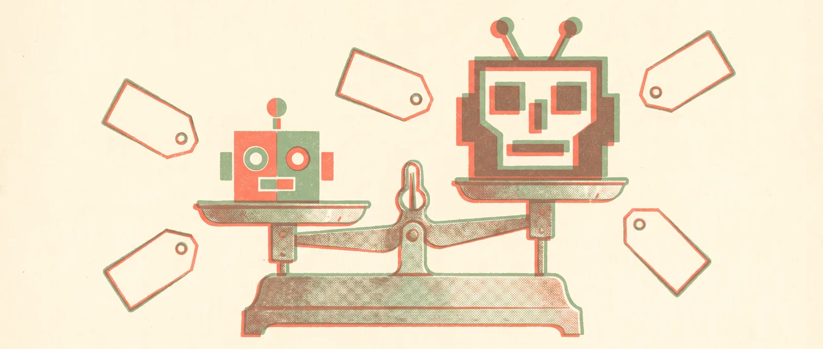 Illustrazione in stile risograph di una piccola testa robotica compatta che pesa più di una testa molto più grande su una vecchia bilancia, con cartellini dei prezzi sospesi