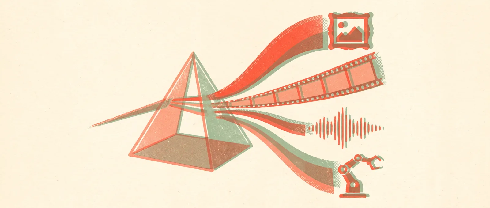 Illustrazione in stile risograph di un prisma di vetro che divide la luce in una cornice, una pellicola, onde sonore e un piccolo braccio robotico