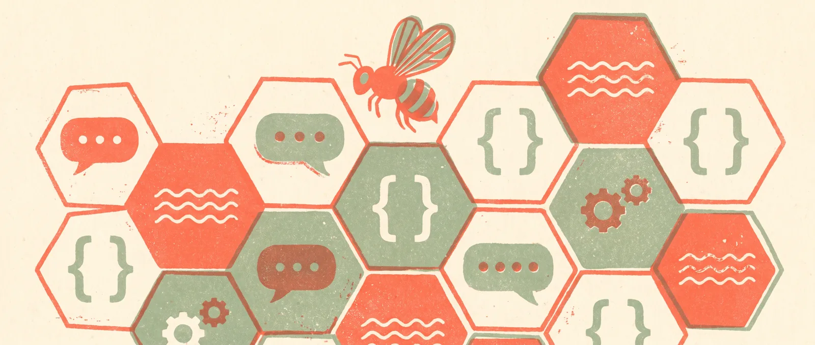 Illustrazione in risografia di un alveare in cui alcune celle esagonali contengono fumetti e altre parentesi di codice, con una sola ape