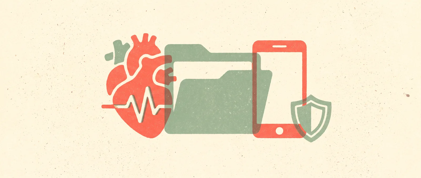 Illustrazione in stile risograph di un cuore con una linea del battito accanto a una cartella clinica, uno smartphone e un piccolo scudo protettivo