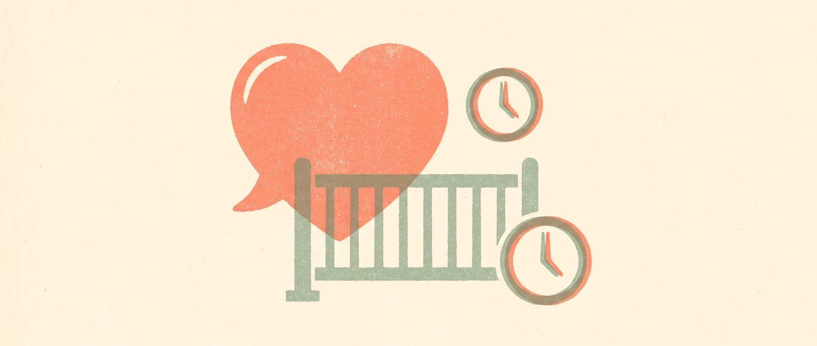 Illustrazione in risografia di una nuvola di dialogo a forma di cuore dietro una barriera bassa accanto a un piccolo orologio