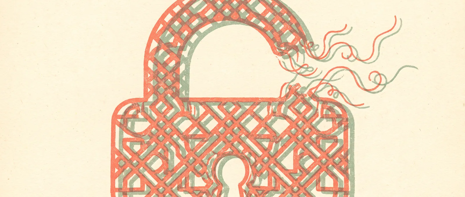 Risograph illustration of a large padlock built from a geometric lattice, one corner unravelling into loose threads