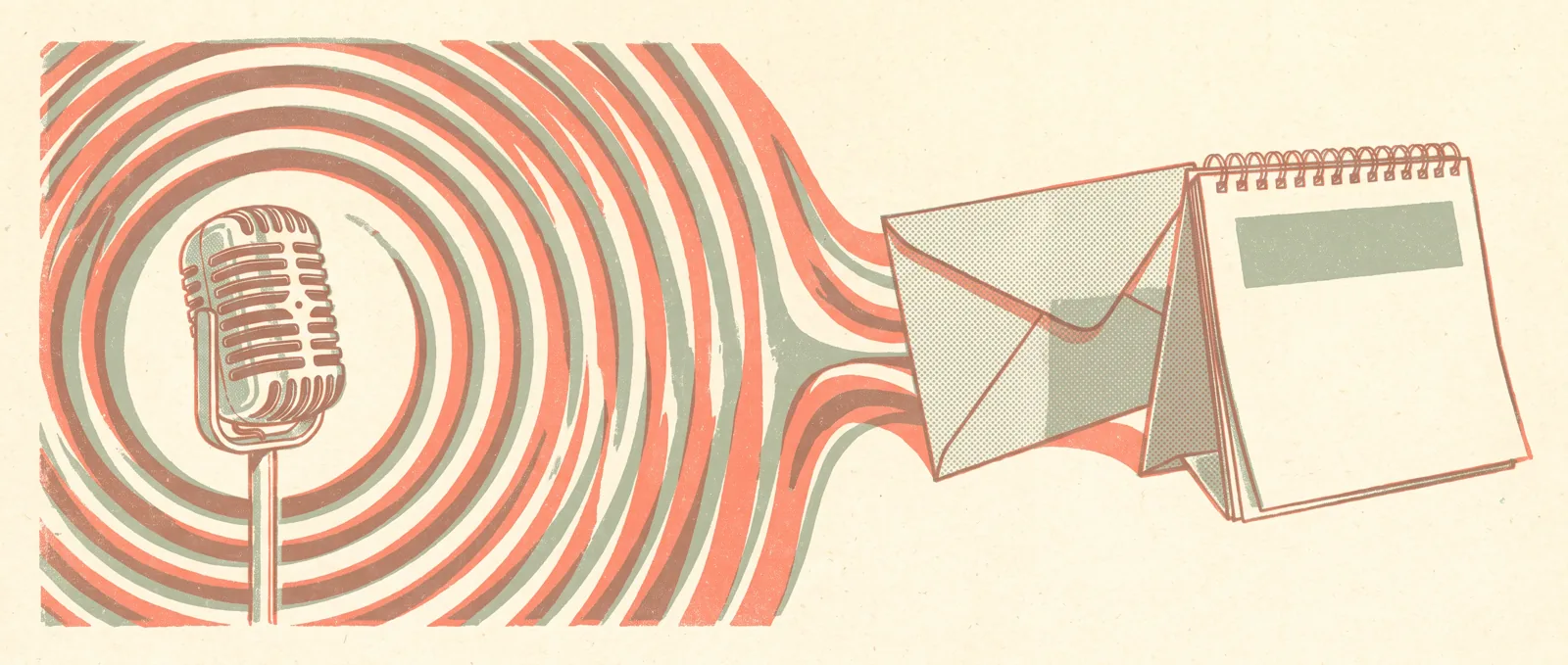 Illustrazione in stile risograph di onde sonore che si propagano da un microfono d’epoca e si trasformano in una busta di carta e in una pagina di calendario vuota