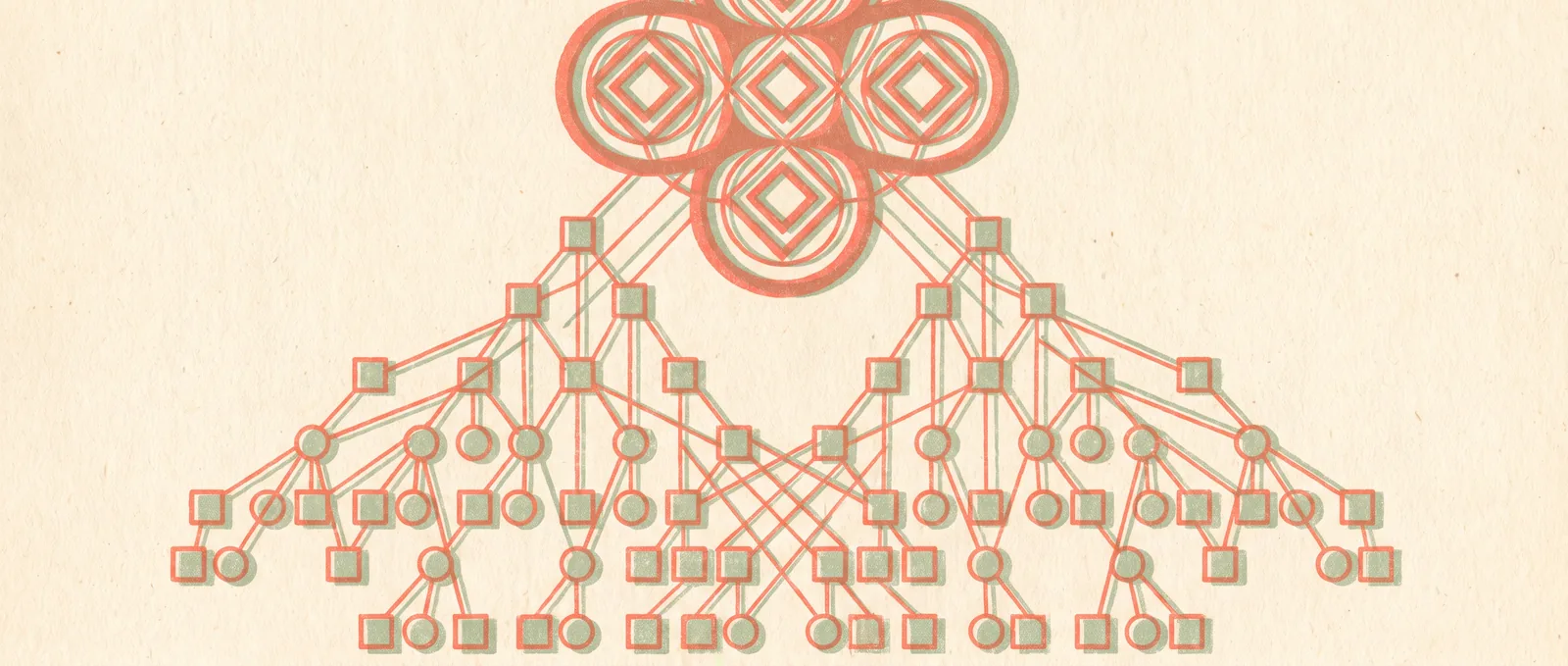 Illustrazione risografica di un grande nodo geometrico che si ramifica verso il basso in un ampio albero di molti piccoli nodi identici