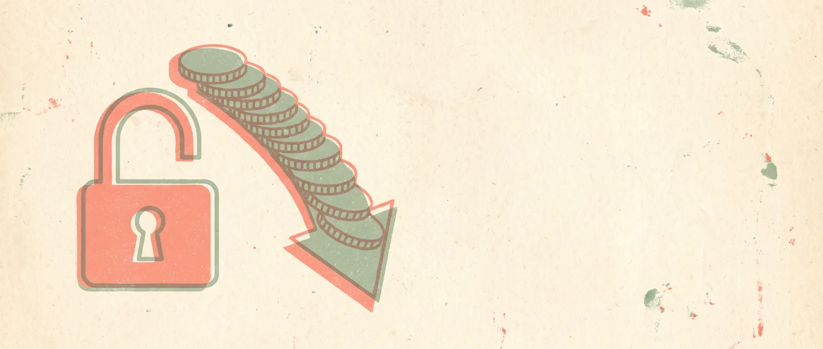 Illustrazione in risografia di un lucchetto aperto accanto a una freccia verso il basso fatta di monete impilate, evocando un’IA open weights economica