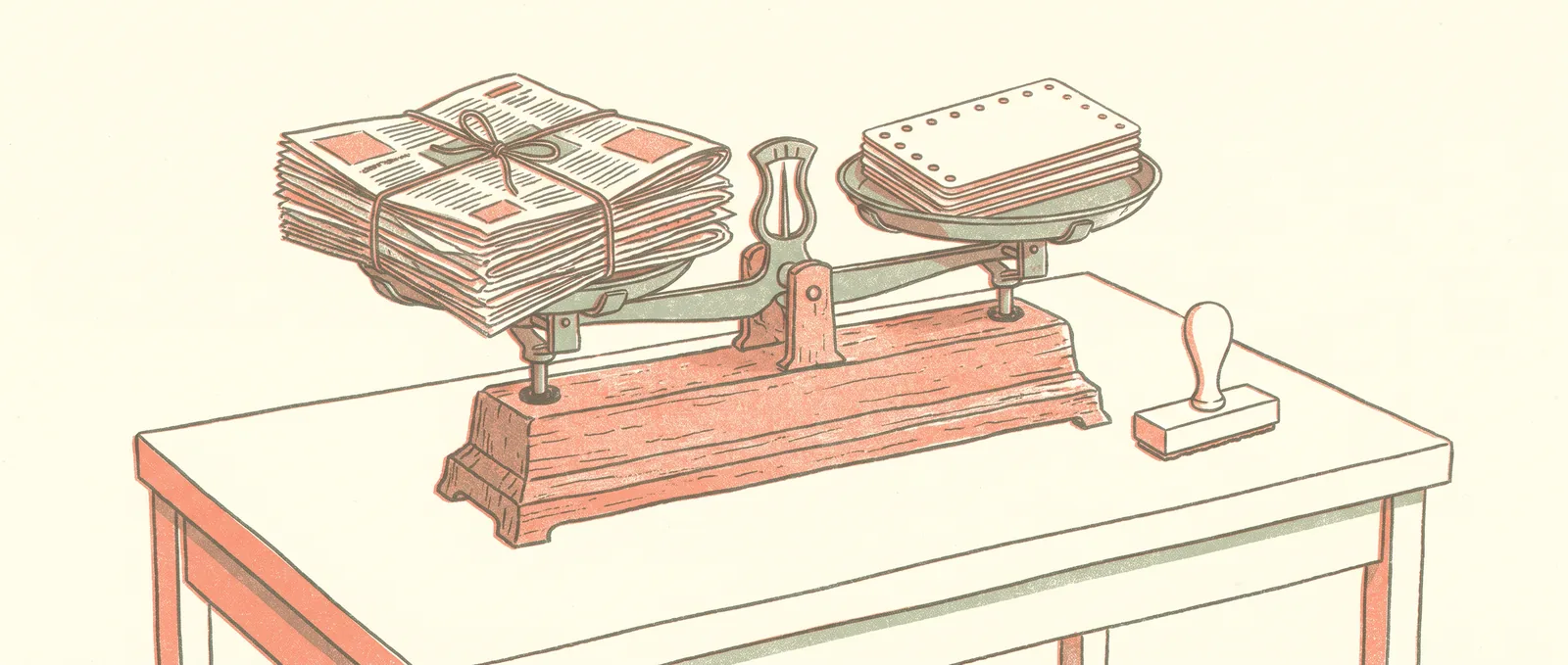 Illustrazione in stile risograph di una bilancia su una scrivania, con un fascio di giornali su un piatto e una pila di schede perforate vuote sull’altro, accanto a un timbro inutilizzato