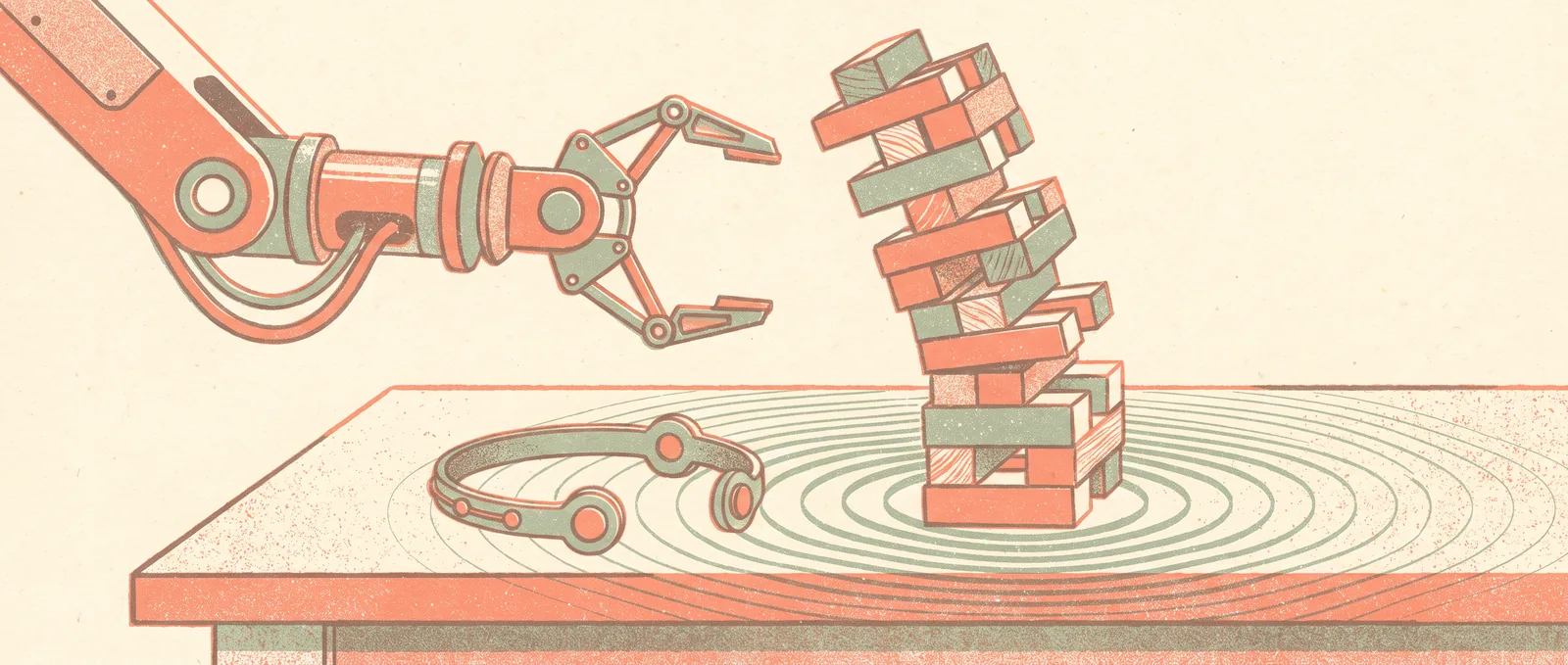 Illustrazione risografica di una pinza robotica protesa verso una torre inclinata di blocchi, con onde che si irradiano da una fascia con sensori sul banco