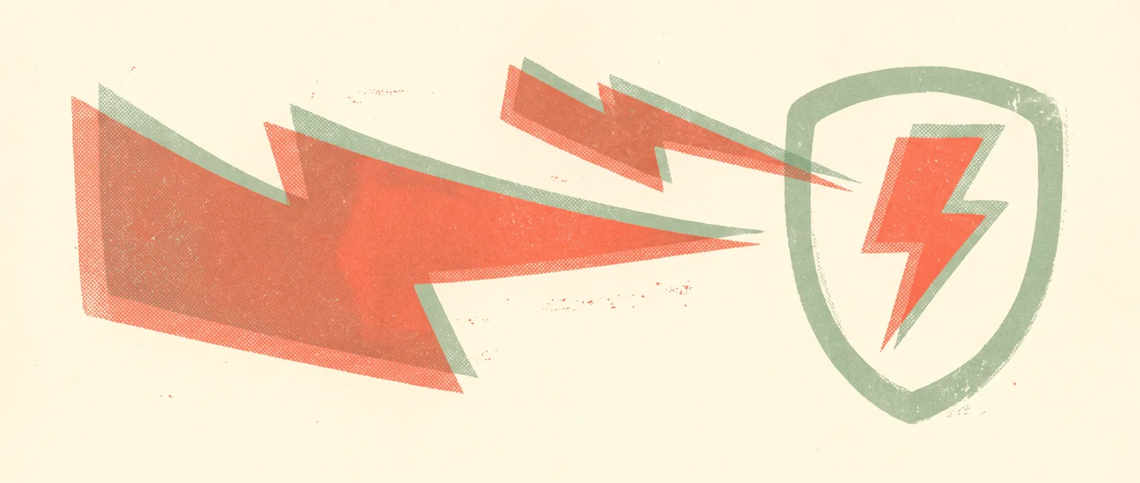 Illustrazione in risografia di tre fulmini di dimensioni diverse che corrono in avanti, il più piccolo protetto da uno scudo