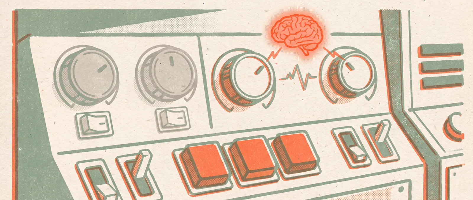 Illustrazione in risografia di un pannello di controllo con tre manopole, due spente mentre un piccolo cervello luminoso prende il comando